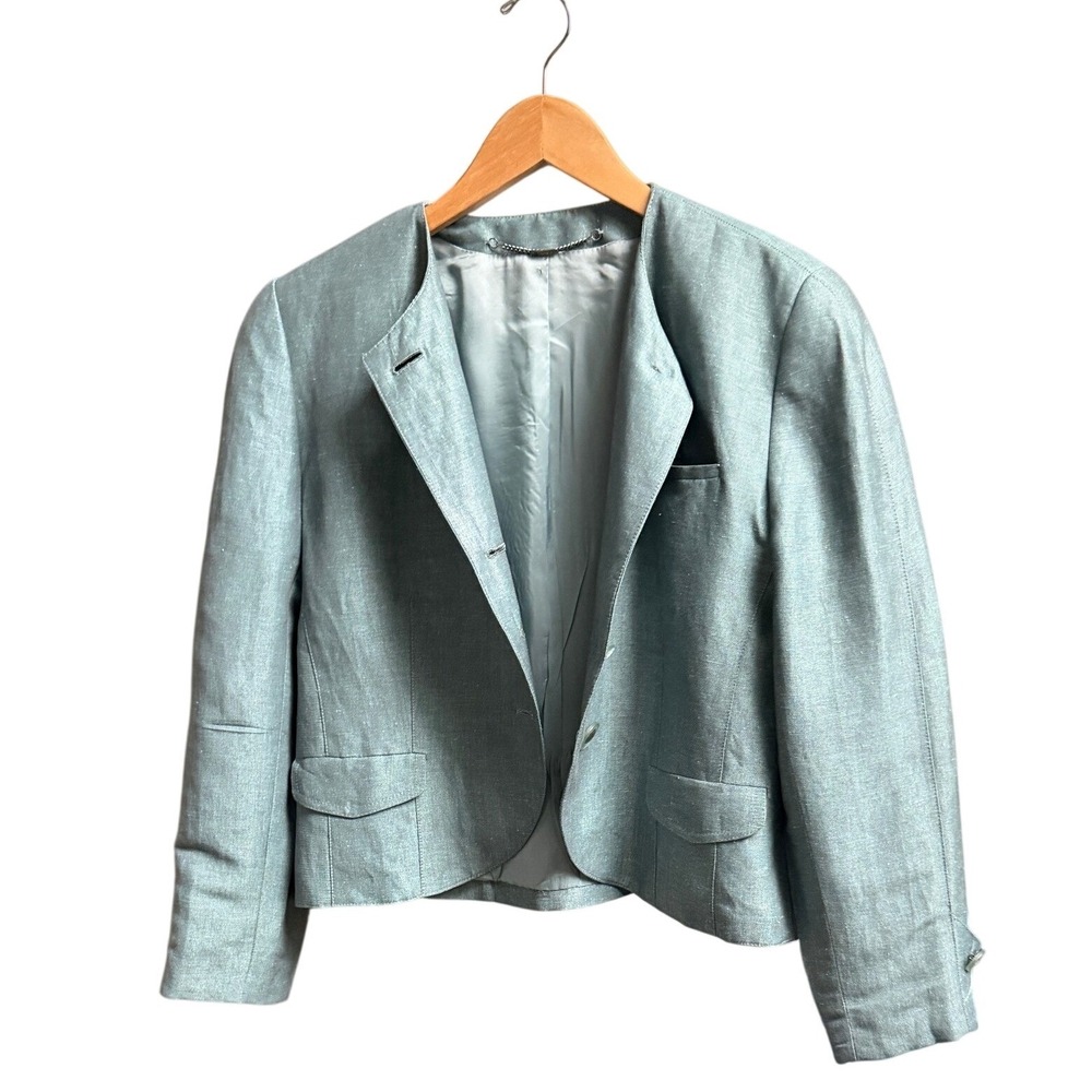Basler Blazer Silver Blue Linen Blend Size 8(estimated) 80s 90s Retro Cropped